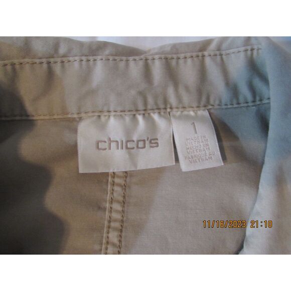 Chico's size 1 (8) tan shacket cotton lace detail safari look lagan look collar - Picture 9 of 11